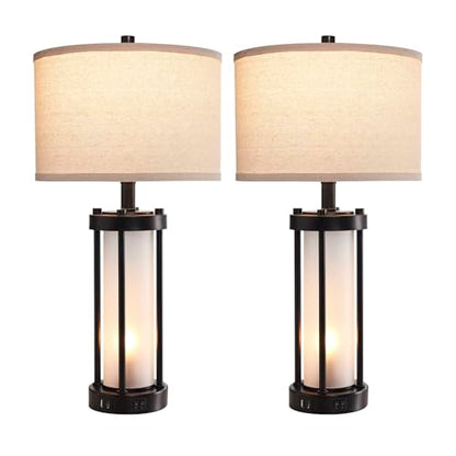 RORIA Set of 2 Modern Table Lamps for Living Room with 2 USB Ports, White Frosted Glass Nightlight for Bedroom, Contemporary Desk Lamps for Nightstand End Table Entryway, 4 Bulbs Included (Black) | 2 USB Ports White Frosted Glass Nightlight for Bedroom, D