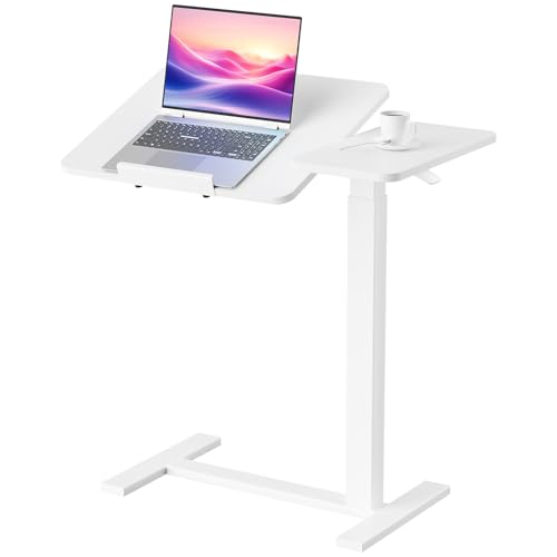 DUMOS Adjustable Bedside Overbed Table with Wheels, White | Laptop Standing Desk with Tilting Top Height, Mobile Rolling Computer Cart for Hospital Home Bedroom Use - color: White, size: 27.5" x 15.7" x 43.3"
