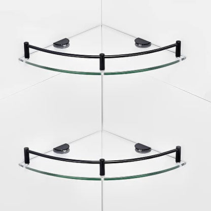 Glass Shower Corner Shelves 2 Pack - Floating Bathroom Shelves Tempered Glass Shelf with Rails SUS 304 Stainless Steel Wall Mounted Organizer, 24cmx24cm 6mm, Black
