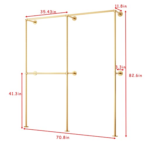 DR.IRON Industrial Pipe Gold Clothing Racks with Double Bar, Industrial Pipe Clothes Racks Wall Mounted, Heavy Duty Gold Closet Rods for Hanging Clothes Organizer Storage - color: Gold-71
