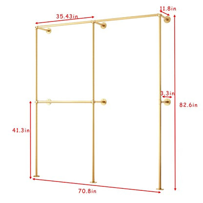 DR.IRON Industrial Pipe Gold Clothing Racks with Double Bar, Industrial Pipe Clothes Racks Wall Mounted, Heavy Duty Gold Closet Rods for Hanging Clothes Organizer Storage - color: Gold-71