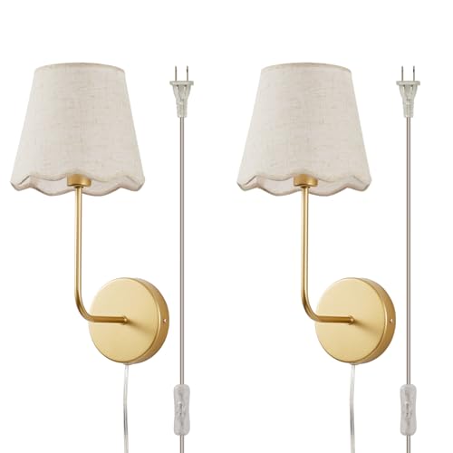 Boho Fabric Wall Sconces Set of 2 Plug-in | Wall Light Brass Paint Finish with Flower Linen Shade Set of 2 for Bedside, Living Room, Fireplace, Hallway