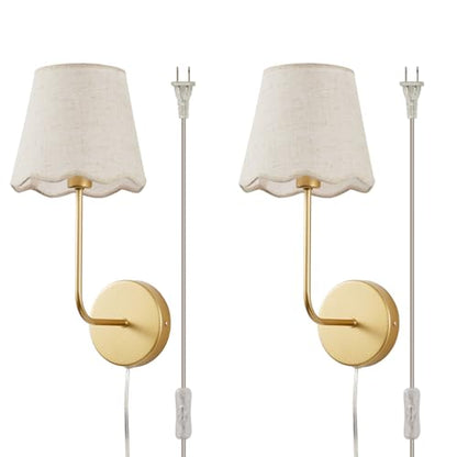 Boho Fabric Wall Sconces Set of 2 Plug-in | Wall Light Brass Paint Finish with Flower Linen Shade Set of 2 for Bedside, Living Room, Fireplace, Hallway