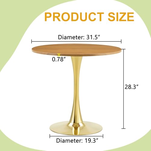 31.5" Round Dining Table, Mid-Century Modern Tulip Table with Thickened Tabletop & Metal Pedestal, Circle Bistro Table for Kitchen, Small Places, Apartments, Cafe - color: Wood Gold, size: 31.5" dining table