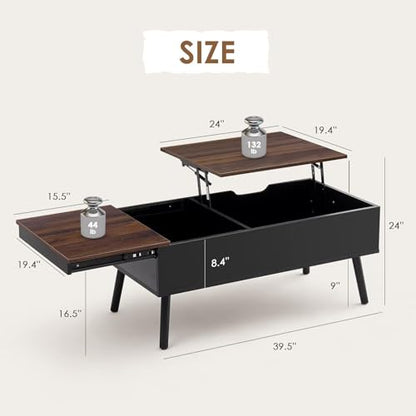 Lift Top Coffee Table with Storage for Living Room, Walnut Black | Large Hidden Compartments, Lifting Top, Slide Desktop, Modern Wooden Coffee Tables, for Home Office