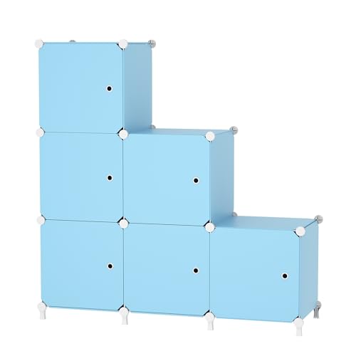 6Cube Storage Organizer Modular Stackable with Doors Blue | Sturdy plastic 6-cube cabinet with doors, 30x30x30cm per cube, tool-free snap assembly, ideal for bedroom, stairs, closet. - color: Blue
