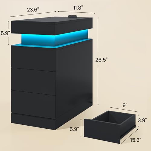 Narrow Nightstand Charging Station, End Table with Sliding Top, 3 Drawers Bedside Tables for Living Room Bedroom, Night Stand for Small Space (Black)