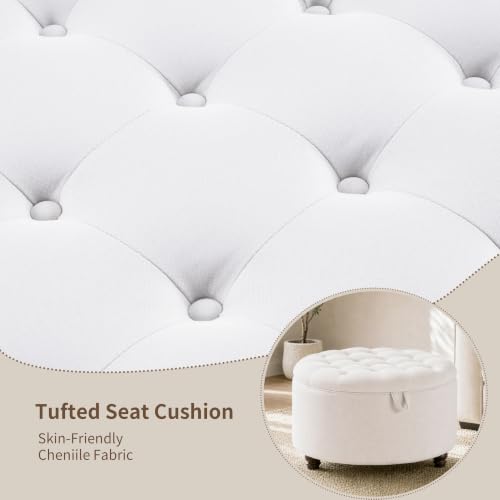30" Round Storage Ottoman Coffee Table, Tufted Lid & Wood Top, Beige | Nailhead Trim Solid Wood Legs Extra Large Footrest Linen-Like Fabric - color: Beige