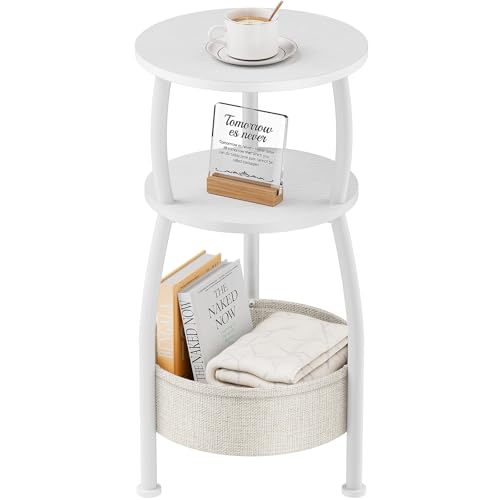 Small Round Side Table for Living Room with Storage Basket, 11.81in | End Table for Small Spaces , 3-Tier Nightstand Couch Corner Stand for Bedroom, Garden Family Room 24in Tall Matte White - color: Matte White, size: 11.81" Dia