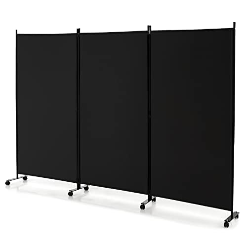 GOFLAME 3 Panel Folding Room Divider, 6FT Rolling Privacy Screen with Lockable Wheels, Portable Room Partition Screen, Freestanding Wall Divider and Separator for Home Office, Black - color: Black, size: 3-Panel