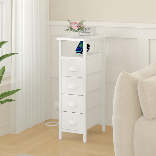 sthmec Nightstand with Charging Station, Narrow Night Stand Set of 2 with 4 Drawers, Skinny Side Table with Fabric Drawers,Slim Sofa Couch Tables for Small Spaces,Living Room,Bedroom, White - color: White, style: Power