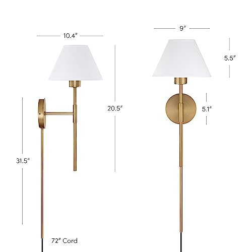 Nathan James Millie Plug-in Wall Sconce, Wall Mounted Bedside Reading Lamp with Cotton Shade and Brass Back Plate, Set of 2 - color: Brass/White, size: Set of 2