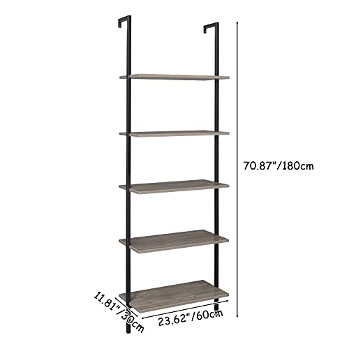5-Shelf Modern Bookcase, Open Wall Mount Ladder Bookshelf with Industrial Metal Frame for Living Room Bedroom Home Office (Grey) - color: Grey