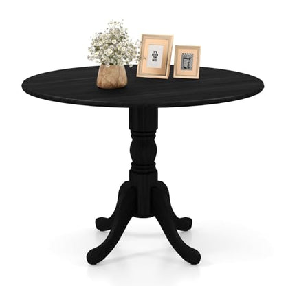 COSTWAY Round Dining Table for 4, 39 inch Kitchen Table with Solid Rubber Wood Frame, Adjustable Foot Pads, Curved Trestle Legs, Mid Century Rustic Dinning Table for Living Room, Black | Adjustable Foot Pads, Curved Trestle Legs, Mid Century Rustic Dinnin