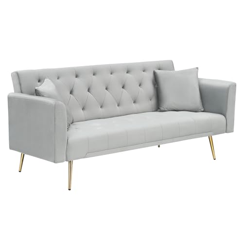 71" Modern Velvet Sofa Bed Futon, Convertible Sleeper Couch, Adj. Backrest | Tufted Recliner Loveseat Design with Golden Chrome Legs & 2 Pillows, Perfect for Small Spaces, Living Room, Apartment - color: Grey