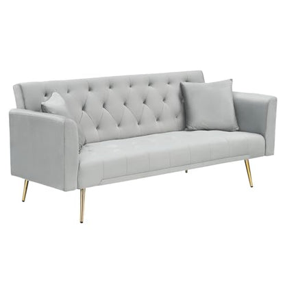 71" Modern Velvet Sofa Bed Futon, Convertible Sleeper Couch, Adj. Backrest | Tufted Recliner Loveseat Design with Golden Chrome Legs & 2 Pillows, Perfect for Small Spaces, Living Room, Apartment - color: Grey