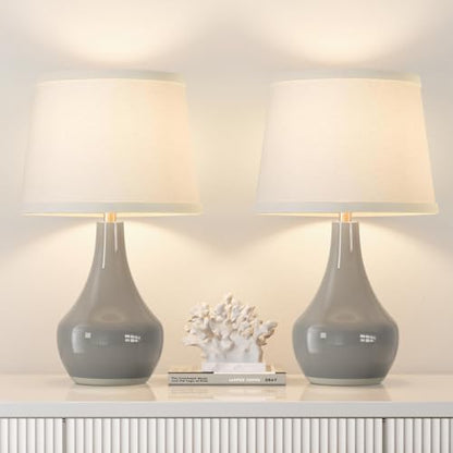 Seealle Modern Ceramic Table Lamps for Night Stands - Bedside Lamps Set of 2 for Nightstand, 19.4" Grey Bedroom Lamp for Living Room Cute Desk End Table Office Guest Room Dresser Rocker Swtich - color: E. Grey