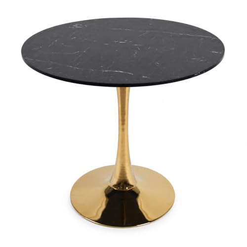 31.5" Small Round Dining Table, Black Marble-Look Top, Gold Tulip Base | 31.5-inch MDF table for 2-4 compact chairs, suited to kitchens, apartments, breakfast nooks, and small dining rooms - color: Black and Golden