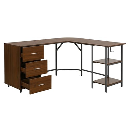 Techni Mobili L Shaped Desk - Two-Toned Computer Desks for Home Office with Storage Shelves & Cabinet - Simple Modern Furniture & Office Space Corner Table for Work & Writing - Grey & Walnut | 59" two‑tone L‑shaped desk with storage shelves, durable frame