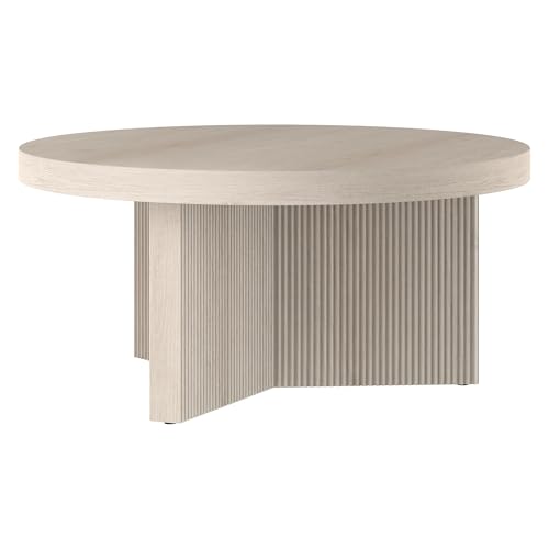 Henn&Hart 32" Scandinavian Fluted Coffee Table, Beech White | Ribbed pedestal base and low profile bring Scandinavian style to small spaces including living rooms or family rooms - color: Beech White, size: 32 inches