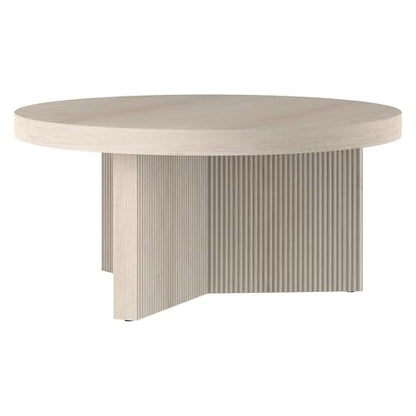 Henn&Hart 32" Scandinavian Fluted Coffee Table, Beech White | Ribbed pedestal base and low profile bring Scandinavian style to small spaces including living rooms or family rooms - color: Beech White, size: 32 inches