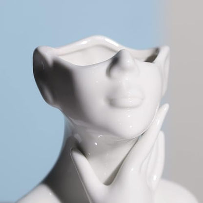 XSMXLNKWL Ceramic Face Vase White Flower Vase for Decor, Female Face Vase Art, Modern Decorative Vase Centerpiece for Table, Shelf, Living Room, Office, Bedroom, Small - style: Face Vase - Stroking the Neck