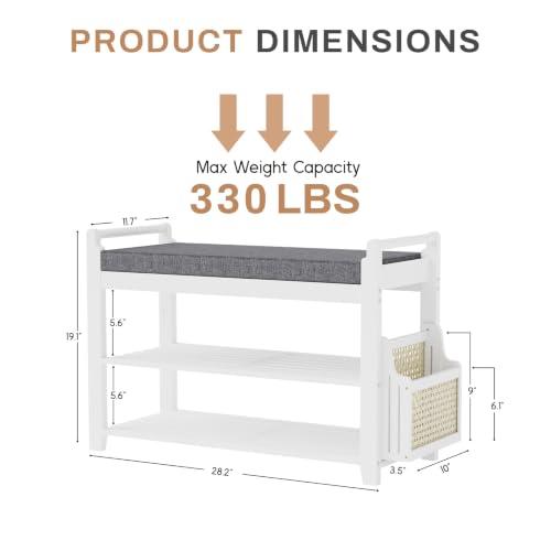 Homaxy 2-Tier Shoe Rack Bench, 28.2 in, White and Dark Grey | Bamboo Entryway Bench, with Side Holder, Shoe Rack Organizer with Cushion for Front Entrance, Hallway Living Room Bedroom - color: White and Dark Grey, size: 28.2 in