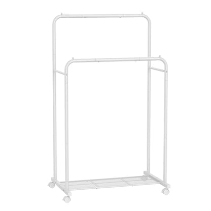 SONGMICS Double Rods Clothes Rack with Wheels, Clothing Rack for Hanging Clothes, Heavy Duty Garment Rack with Mesh Storage Shelf, 2 Brakes, Each Top Rail Holds up to 77 lb, White UHSR026W01 - color: White, style: Double Rod