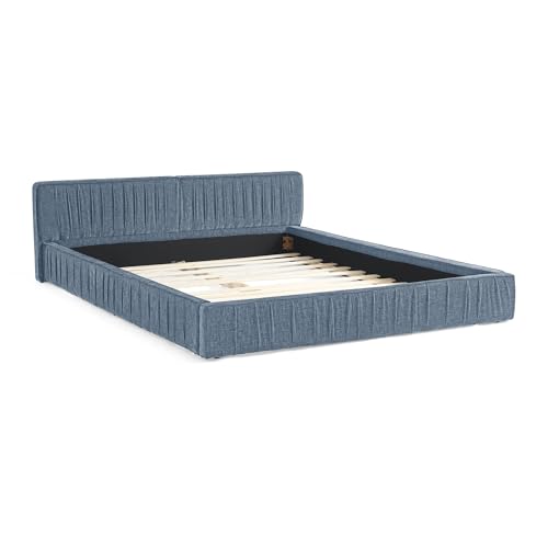 Queen Size Upholstered Bed Frame, Modern Grounded Bed with Solid Wood Slats, Pleated Headboard, Sturdy Construction, No Box Spring Needed, Grey (Blue, Queen) - color: Blue