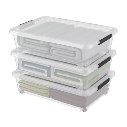 Hespama 3-Pack 40 Qt Plastic Wheeled Underbed Storage Container Box, Clear | Latching Storage Bin, With Lids - size: 40 Qt
