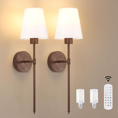 Shenmoyl Battery Operated Wall Sconces Set of 2, Iron Frame with Walnut Tone Paint, 6000 mAh Rechargeable Bulb Dimmable Wall Lamp for Living Room Bedroom - color: Walnut Finish
