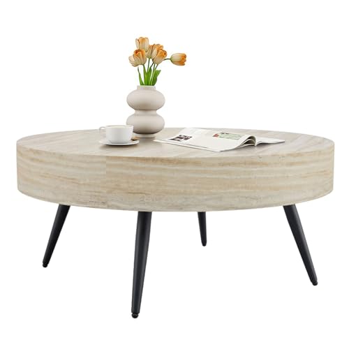 Round Coffee Table, Mid Century Small Coffee Table with Metal Legs, Wood Coffee Table Accent Center Table for Living Room Apartment Small Space (31.5''D-Stone Travertine Pattern) - color: Stone Travertine