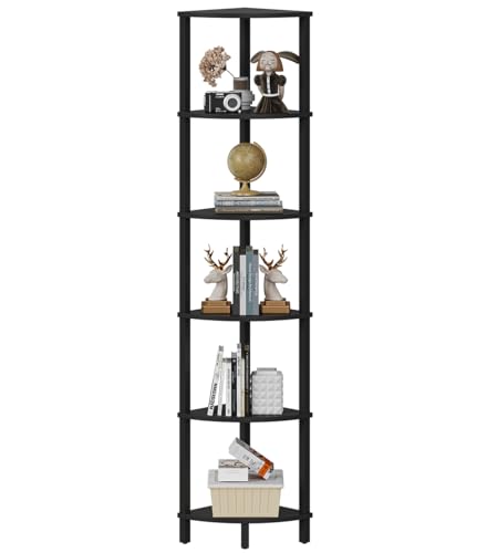 VIMBER Corner Shelf, 6-Tier Corner Bookshelf, Industrial Corner Ladder Shelf, DIY Storage Shelves, Modern Display Shelf for Living Room, Bedroom, Kitchen, Home Office, Black UJSJ004B - color: Black, size: 6-Tier without LED