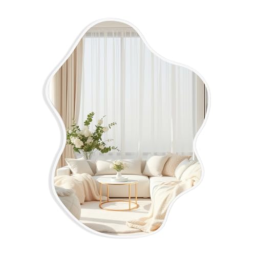 Vanity Wall Mirror 22 x 30 Inch, White Irregular Cloud Shaped Decor | Tempered Glass, 4 Pre-Installed D-Ring Hooks, Horizontal & Vertical Mount, Bathroom Bedroom Nursery Home Decor - color: White, size: 30"L x 22"W