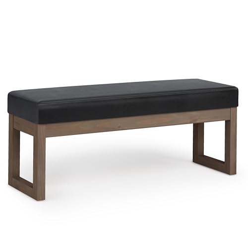 SIMPLIHOME Milltown 44" Wide Vegan Leather Rectangle Ottoman in Black | Midnight black, contemporary large ottoman bench with a cushioned seat for extra seating in the bedroom; footstool, footrest. - color: Midnight Black, style: Large Ottoman Bench