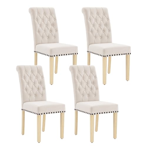 adochr Linen Dining Chairs Set of 4, Armless Parsons Chairs,Beige | Wooden Legs & Tufted Buttons, Upholstered Dining Room Chair for Kitchen/Dining Room/Living Room - color: Beige, size: 4PCS