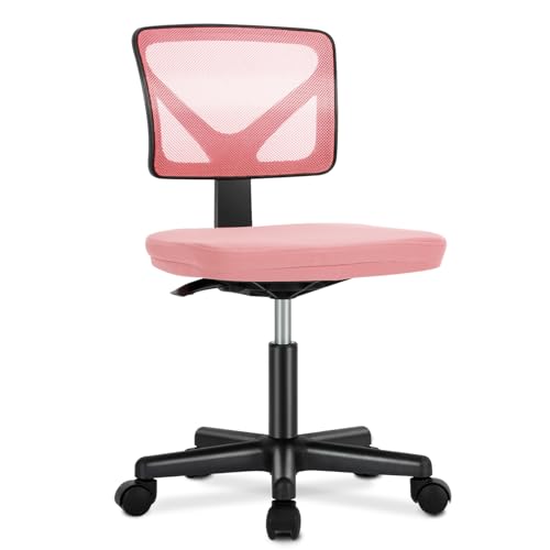 Sweetcrispy Small Armless Desk Chair, Mesh Rolling Office Chairs | Adjustable Ergonomic Lumbar Support, Low-Back, Swivel Wheels, Home Work, Bedroom, Study, Student, Adults, Classic Pink - color: Classic Pink