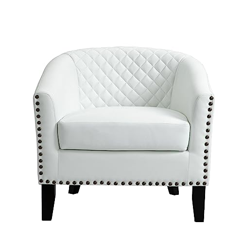 Faux Leather Accent Chair, Modern Barrel Club Chair, White | Comfy Upholstered Armchair for Living Room, Round Club Chair Single Sofa Bedroom Reading Seat | 26"D*29"W*29"H - color: White