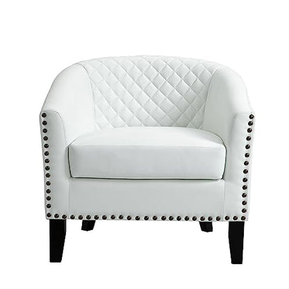 Faux Leather Accent Chair, Modern Barrel Club Chair, White | Comfy Upholstered Armchair for Living Room, Round Club Chair Single Sofa Bedroom Reading Seat | 26"D*29"W*29"H - color: White