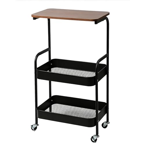 3-Tier Metal Rolling Utility Cart with Walnut-Textured Top on Wheels Craft Cart and Side Table for Bedside, Kitchen, Office, Bathroom & Craft Room