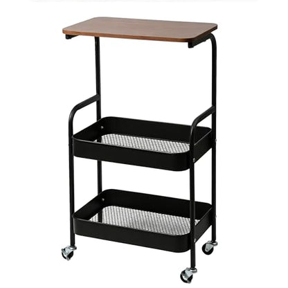 3-Tier Metal Rolling Utility Cart with Walnut-Textured Top on Wheels Craft Cart and Side Table for Bedside, Kitchen, Office, Bathroom & Craft Room
