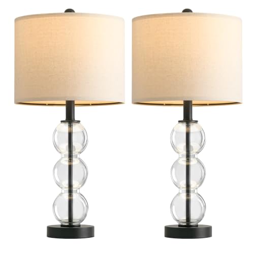 25" Glass Table Lamps Set of 2, Black Modern Table Lamps with USB Ports for Living Room, Linen Shade Bedside Lamps for Bedroom, Nightstand, Side Table (Bulbs not Included) - color: Black
