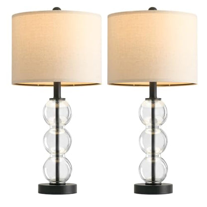 25" Glass Table Lamps Set of 2, Black Modern Table Lamps with USB Ports for Living Room, Linen Shade Bedside Lamps for Bedroom, Nightstand, Side Table (Bulbs not Included) - color: Black