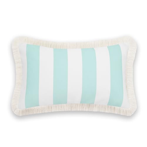 Hofdeco Premium Fall Coastal Patio Indoor Outdoor Lumbar Pillow Cover Only, 12"x20" Water Repellent for Backyard, Couch, Muted Aqua Stripe Fringe - color: Muted Aqua Stripe 12"x20"