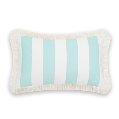 Hofdeco Premium Fall Coastal Patio Indoor Outdoor Lumbar Pillow Cover Only, 12"x20" Water Repellent for Backyard, Couch, Muted Aqua Stripe Fringe - color: Muted Aqua Stripe 12"x20"