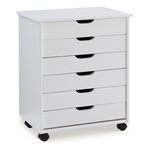 Linon Callie Multipurpose Six Drawer Dresser Wide Wood Rolling File Cabinet Storage Cart in White Wash