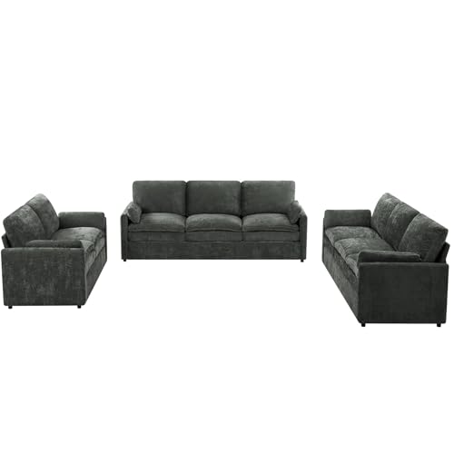 3 Pieces Chenille Sofa Set w/Two Arm Pillows, Grey | Upholstered Loveseat & 2 Pieces 3-Seater Sofa w/Soft Cushions, Modern 2-Seat & 3-Seat w/High-Density Foam for Living Room - color: Grey, size: 69" & 89" & 89" Sofa Set