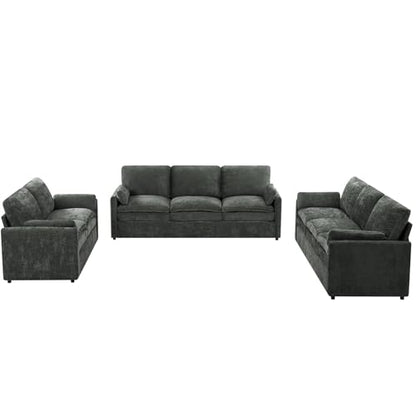 3 Pieces Chenille Sofa Set w/Two Arm Pillows, Grey | Upholstered Loveseat & 2 Pieces 3-Seater Sofa w/Soft Cushions, Modern 2-Seat & 3-Seat w/High-Density Foam for Living Room - color: Grey, size: 69" & 89" & 89" Sofa Set