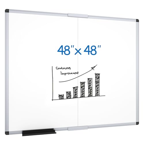 VIZ-PRO Large Magnetic Dry Erase Whiteboard, 48 x 48 Inches, Foldable | Silver Aluminum Frame, 4' x 4' Wall-Mounted White Board with Marker Tray for School Office and Home - size: 48"W x 48"H