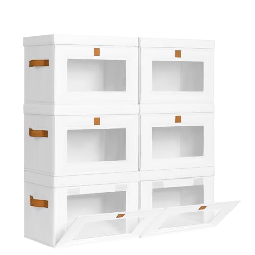 DIMJ Storage Bins with Lids - 6 Pack Front Opening Stackable Fabric Storage Boxes with Clear Window & Handles, Collapsible Closet Organizers for Clothes, Sweaters, Shelf Storage, Bedroom, White - color: White, size: Medium-6 Pack